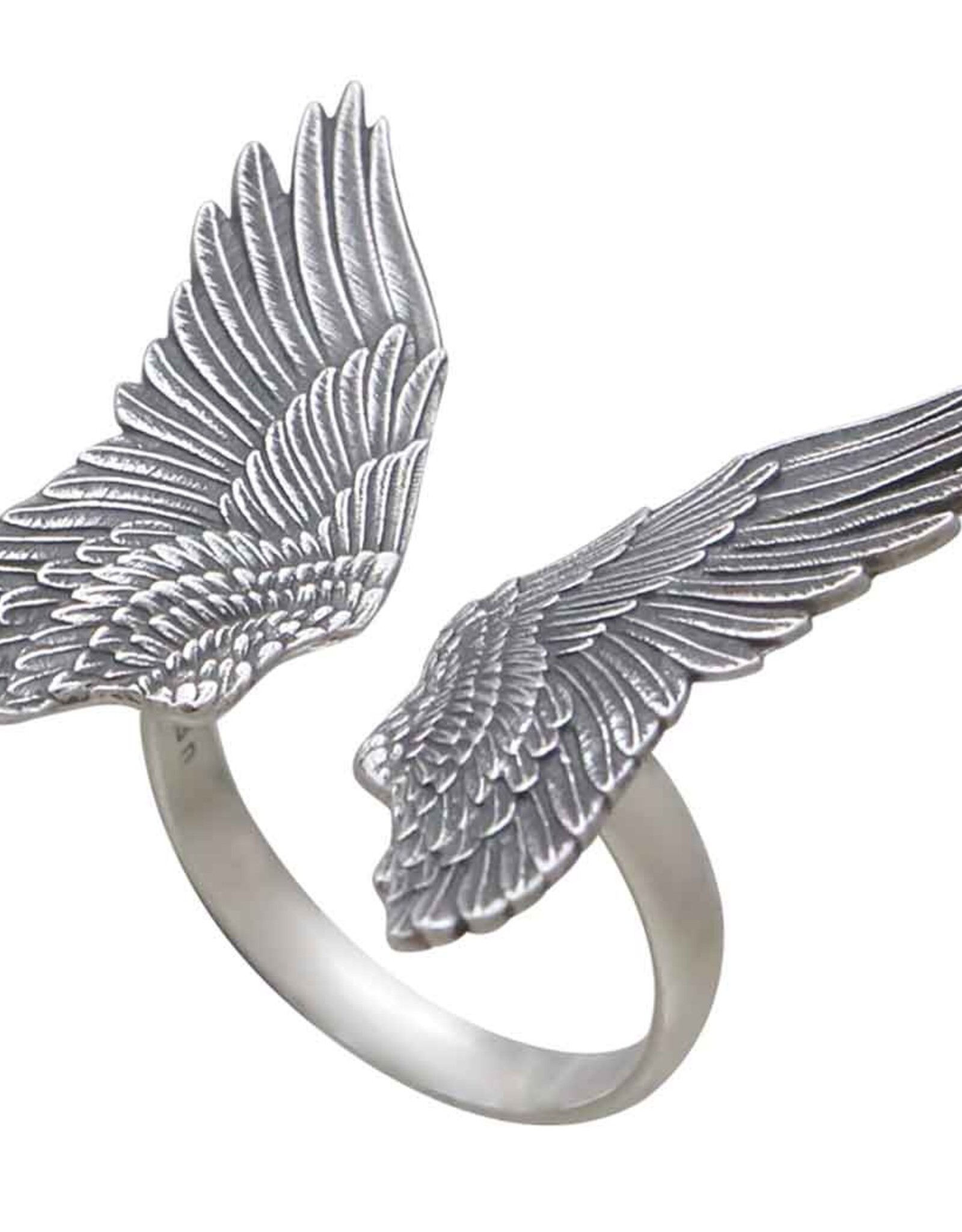 -Sterling Silver Adjustable Detailed Angel Wing Ring