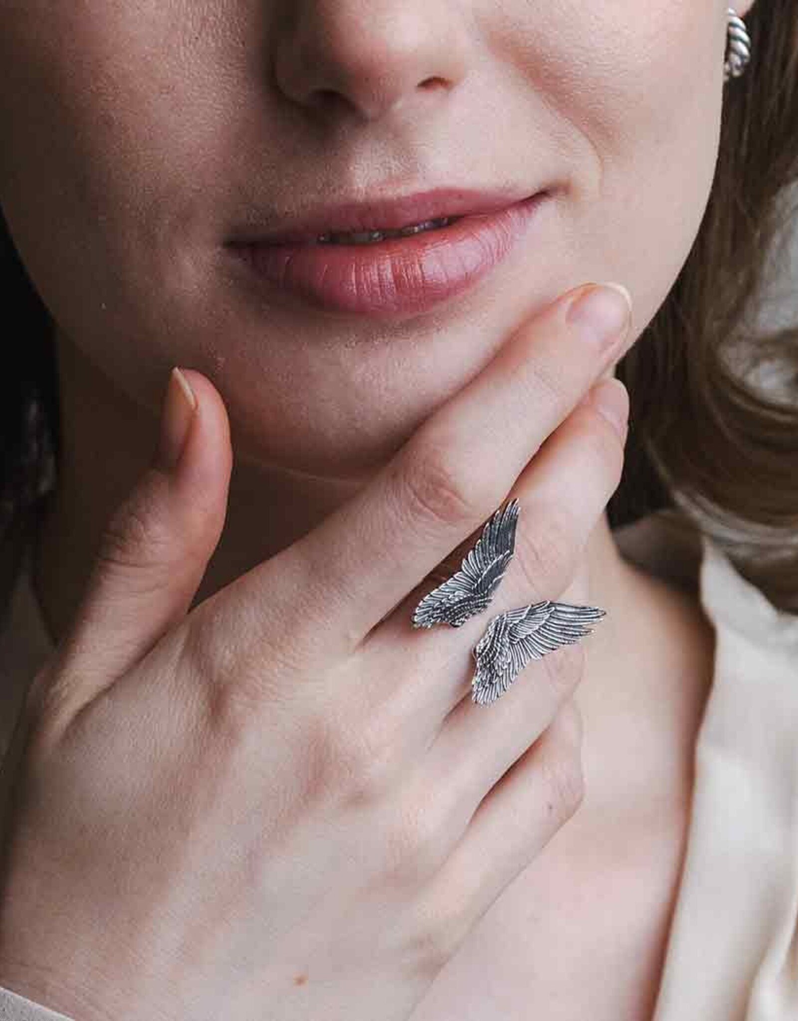 -Sterling Silver Adjustable Detailed Angel Wing Ring