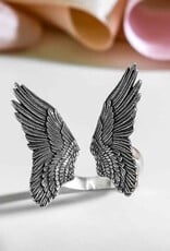 -Sterling Silver Adjustable Detailed Angel Wing Ring