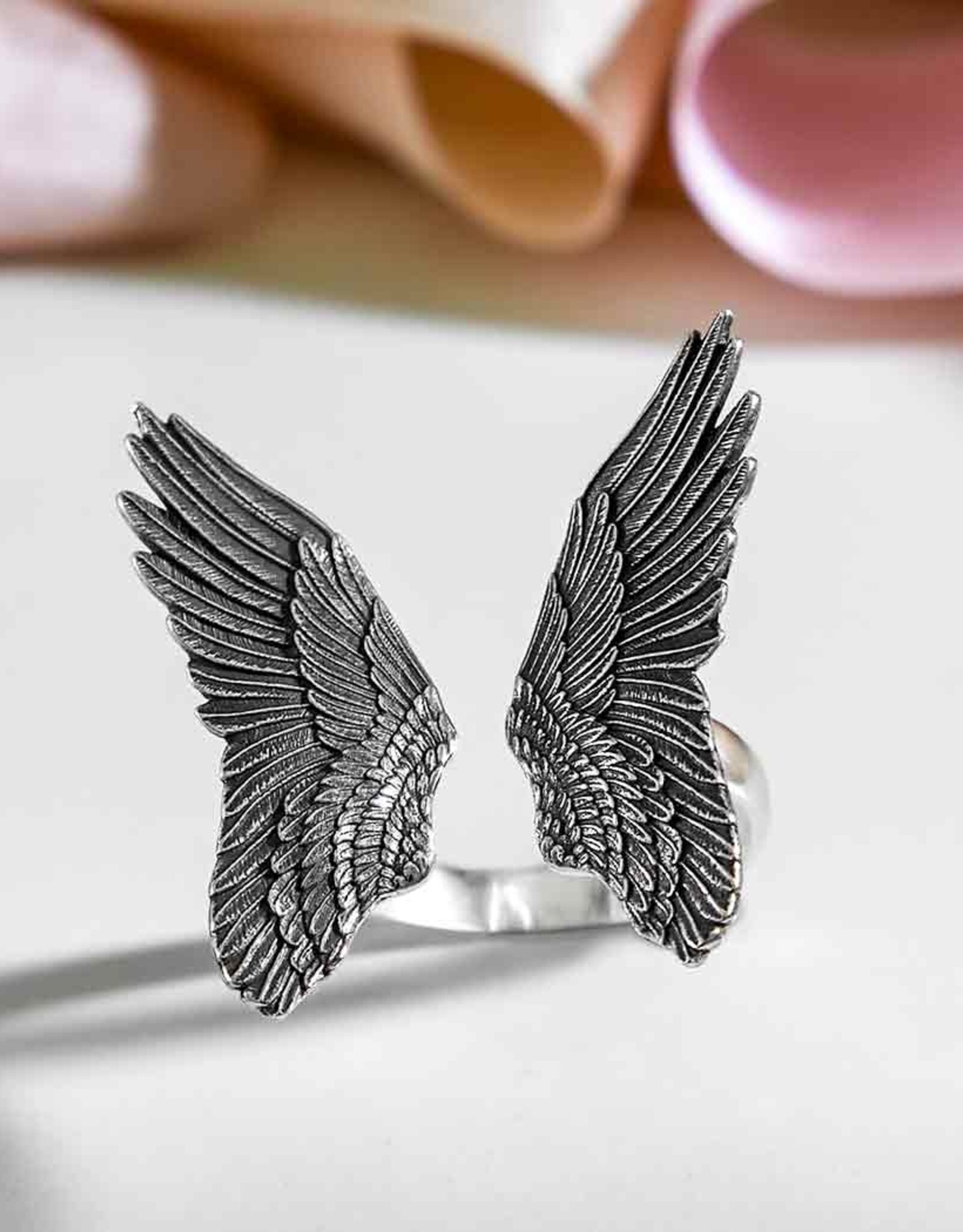 Sterling Silver Adjustable Detailed Angel Wing Ring