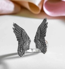 -Sterling Silver Adjustable Detailed Angel Wing Ring