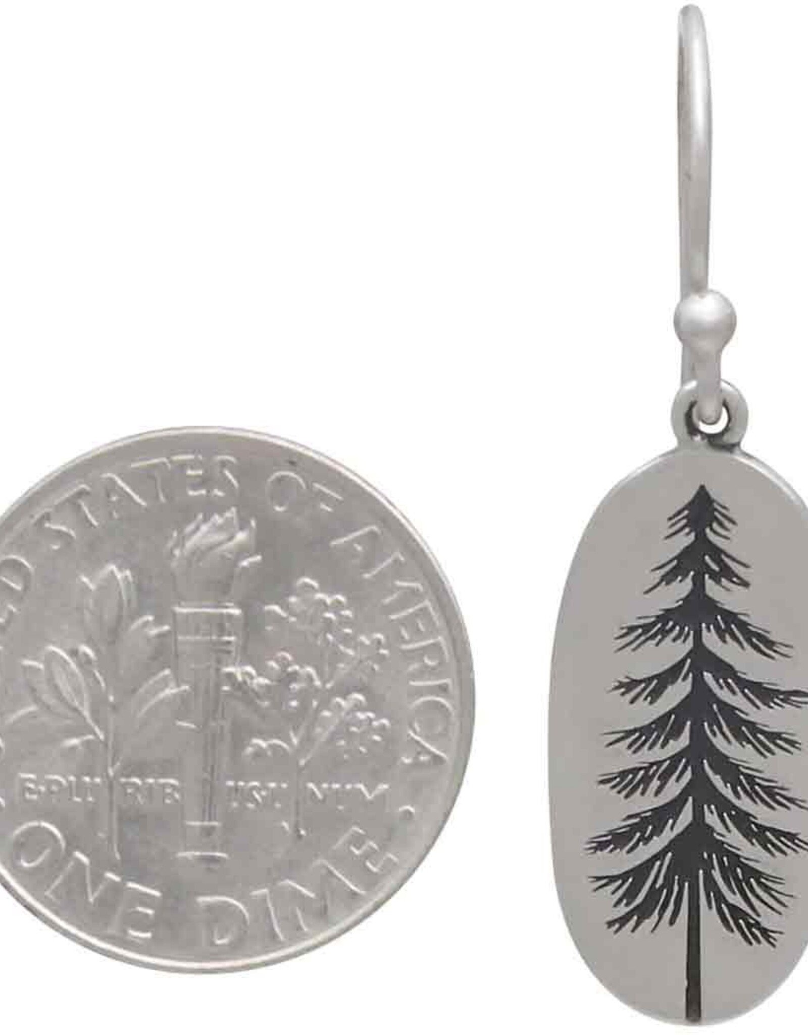 -Sterling Silver Oval Pine Tree Dangle Earrings 34x10mm