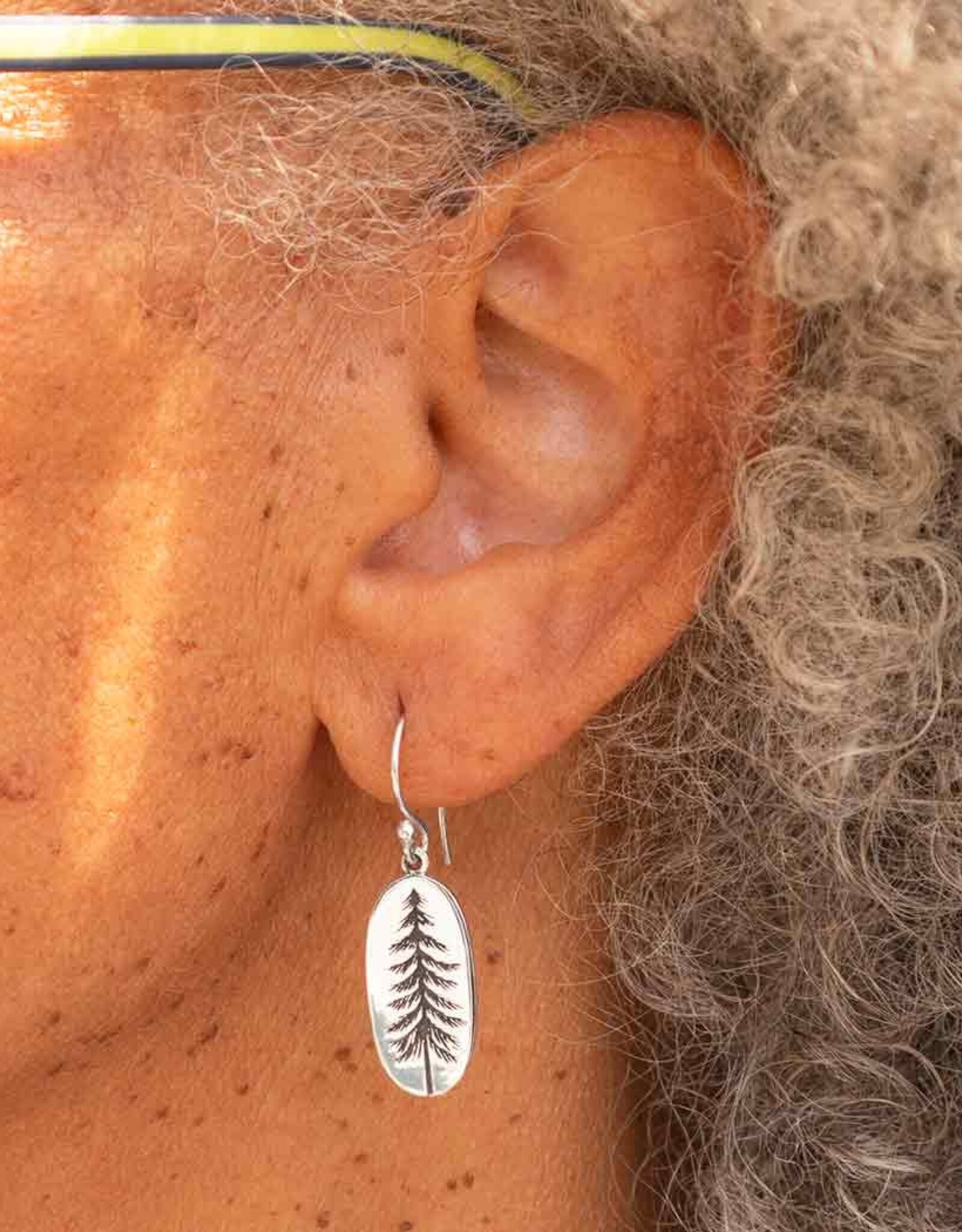 -Sterling Silver Oval Pine Tree Dangle Earrings 34x10mm