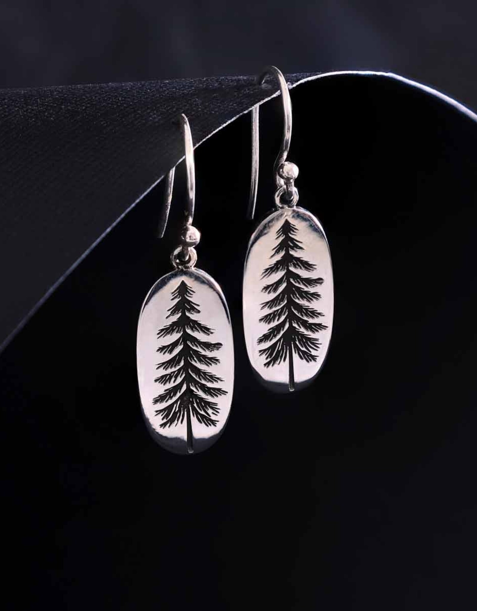 Sterling Silver Oval Pine Tree Dangle Earrings 34x10mm