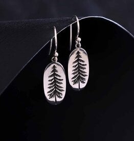 -Sterling Silver Oval Pine Tree Dangle Earrings 34x10mm