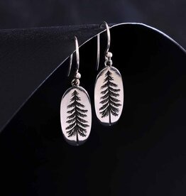 Sterling Silver Oval Pine Tree Dangle Earrings 34x10mm