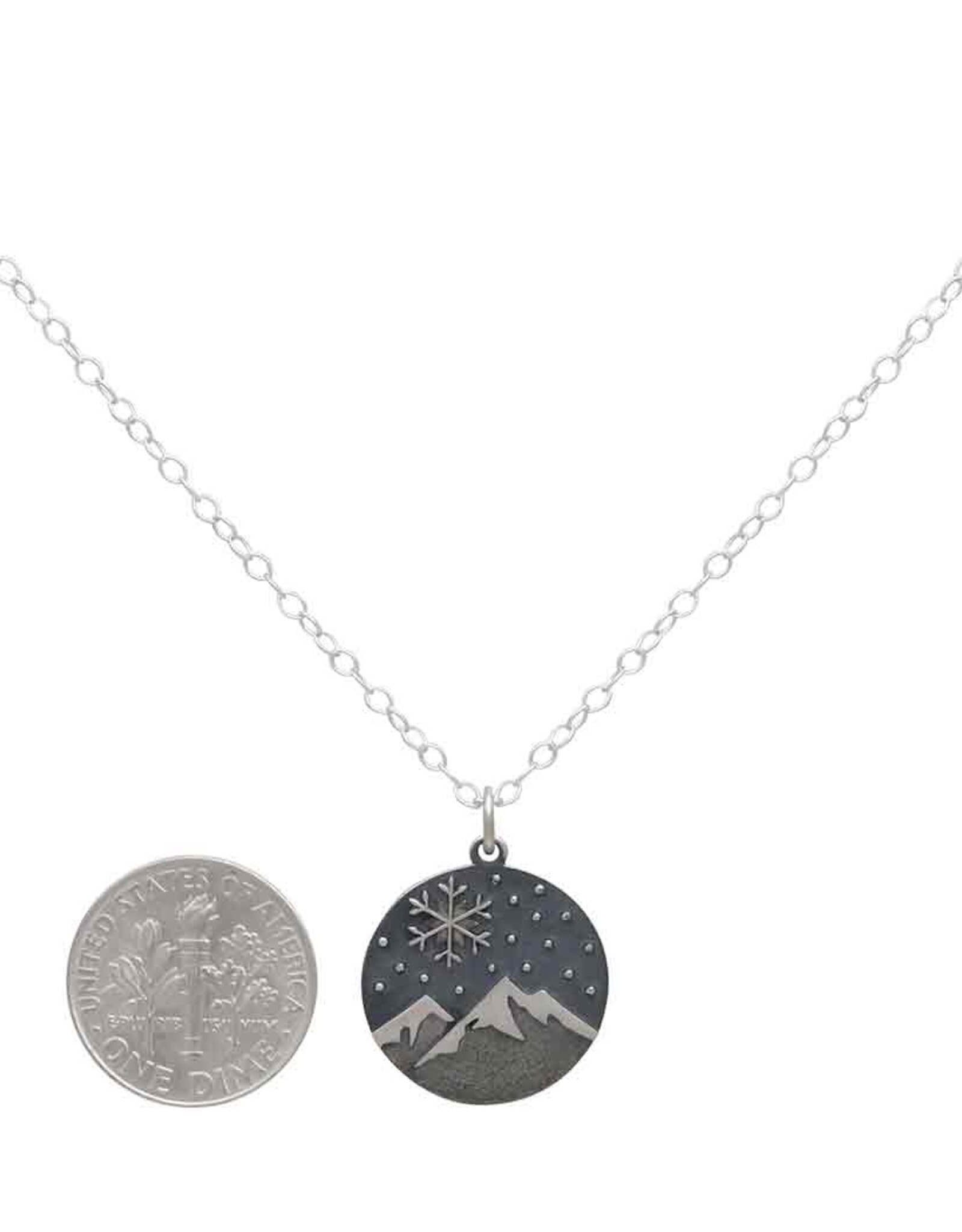 -Sterling Silver Snowy Mountain and Snowflake Charm Necklace