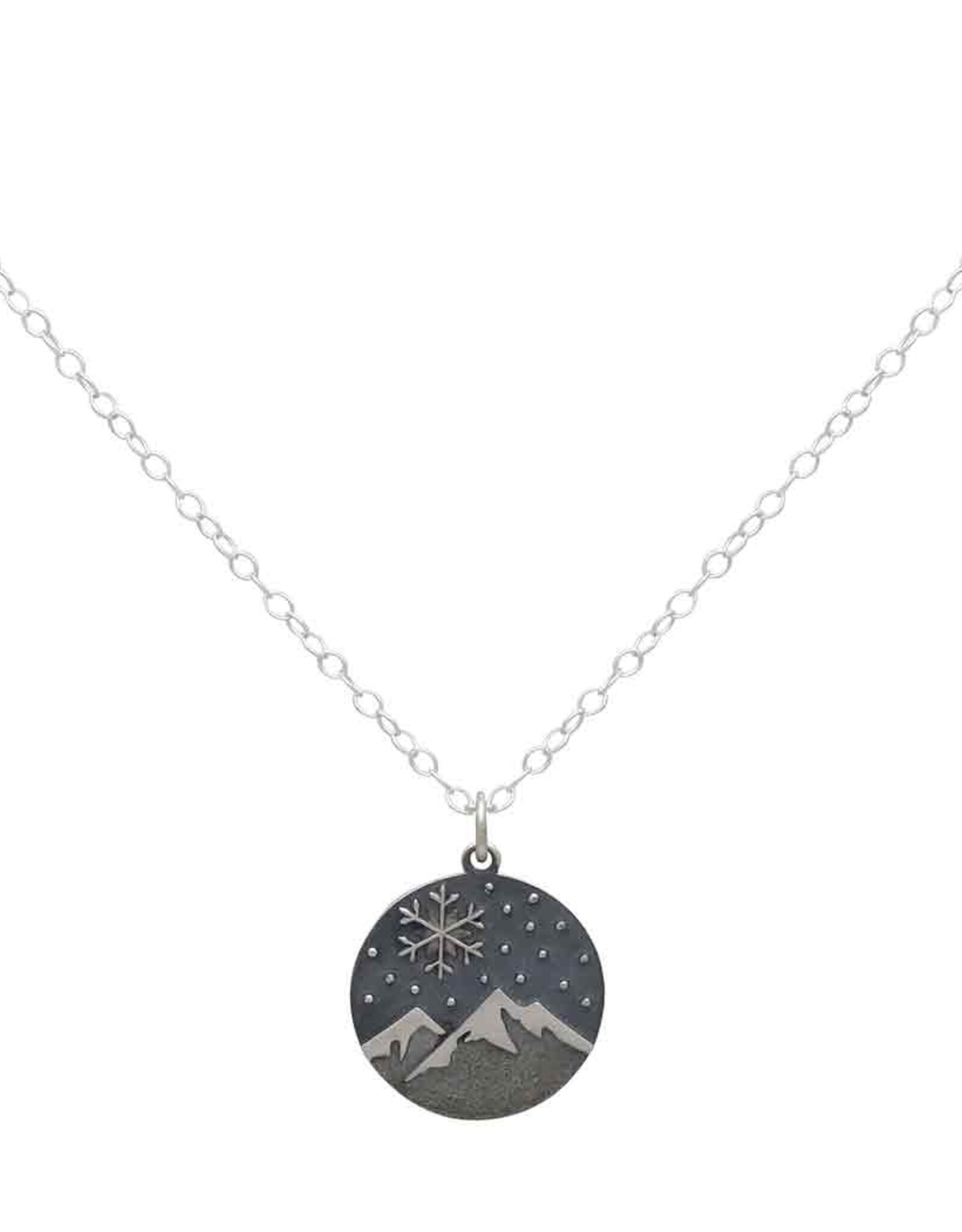 -Sterling Silver Snowy Mountain and Snowflake Charm Necklace