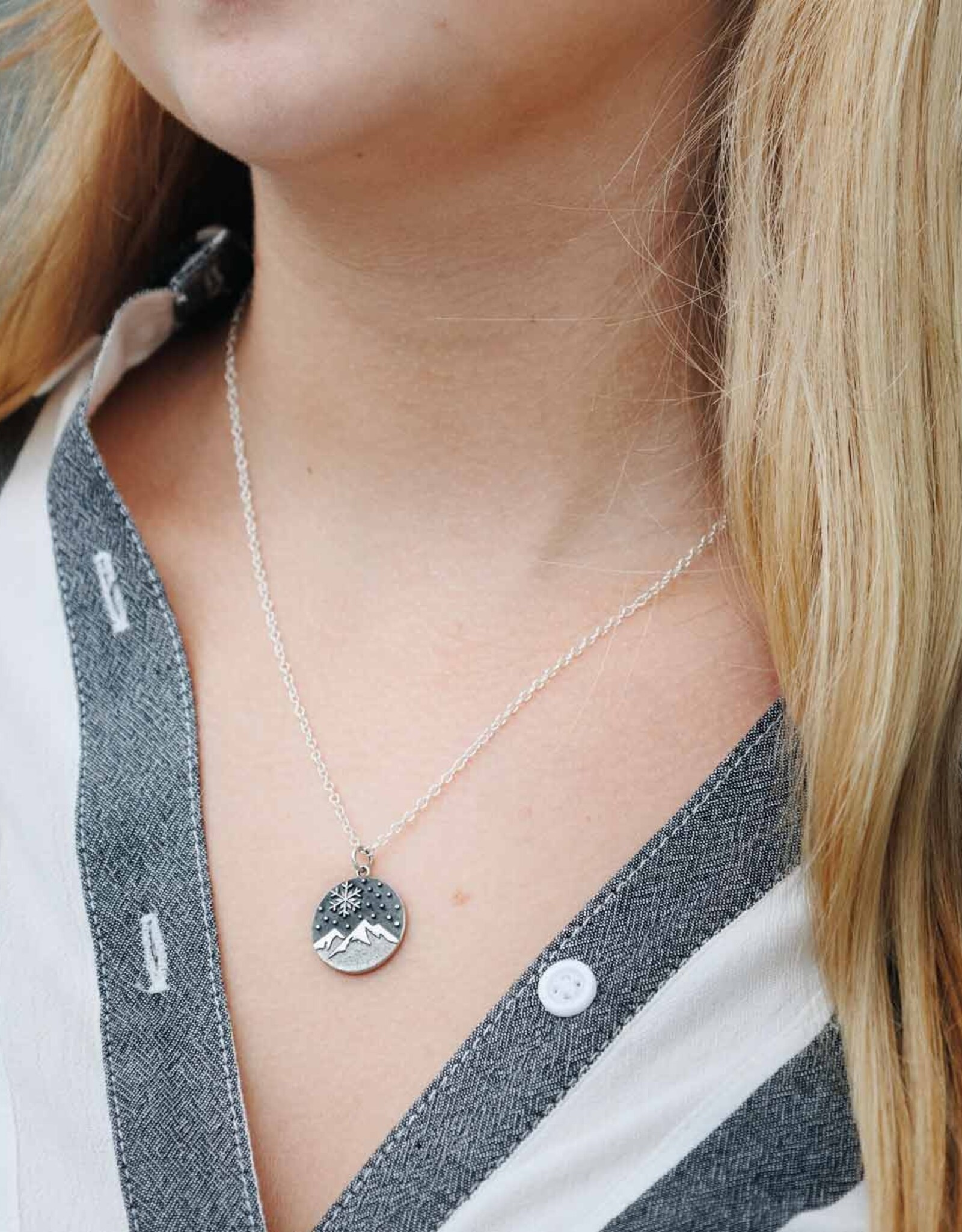 -Sterling Silver Snowy Mountain and Snowflake Charm Necklace
