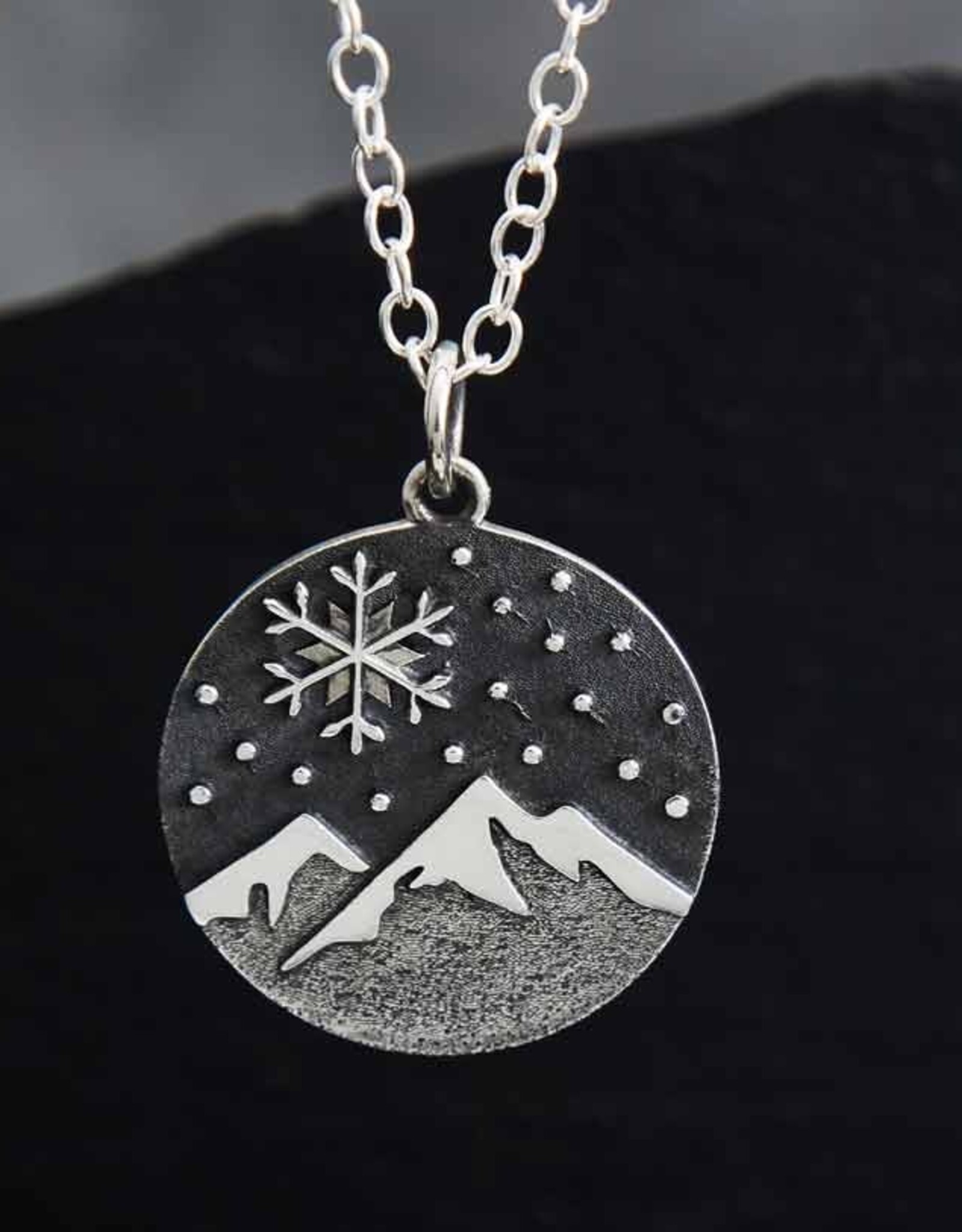 -Sterling Silver Snowy Mountain and Snowflake Charm Necklace