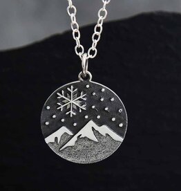 -Sterling Silver Snowy Mountain and Snowflake Charm Necklace