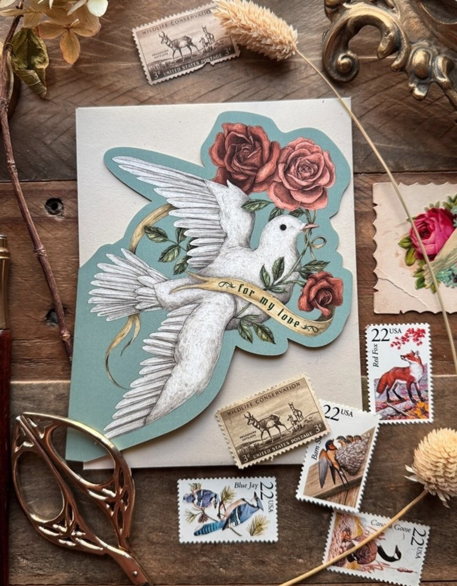 -4.25” X 5.5” For My Love (Dove and Roses) Greeting Card