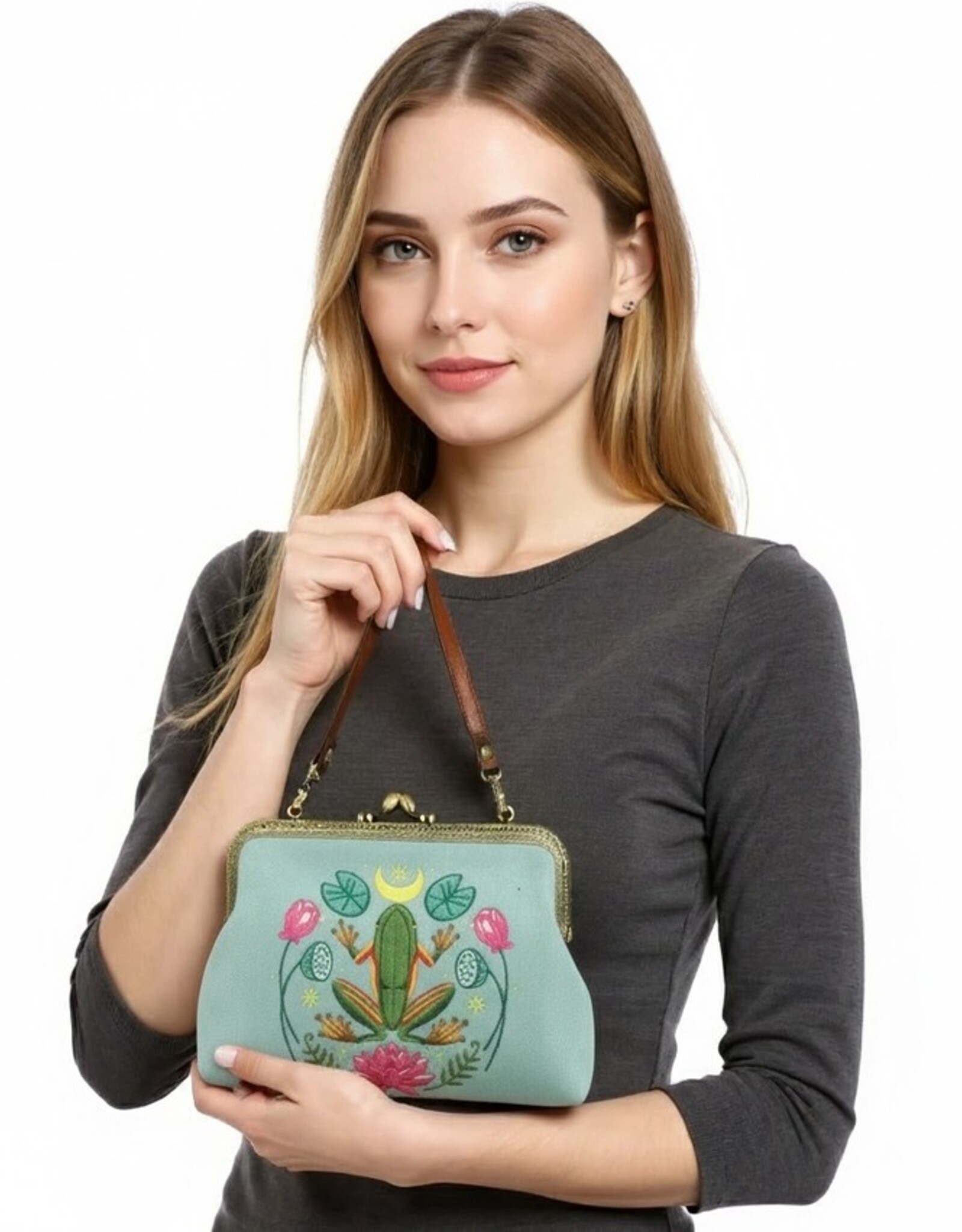 Frog in the Lily Pond Kiss Lock Bag in Linen Cotton Blend