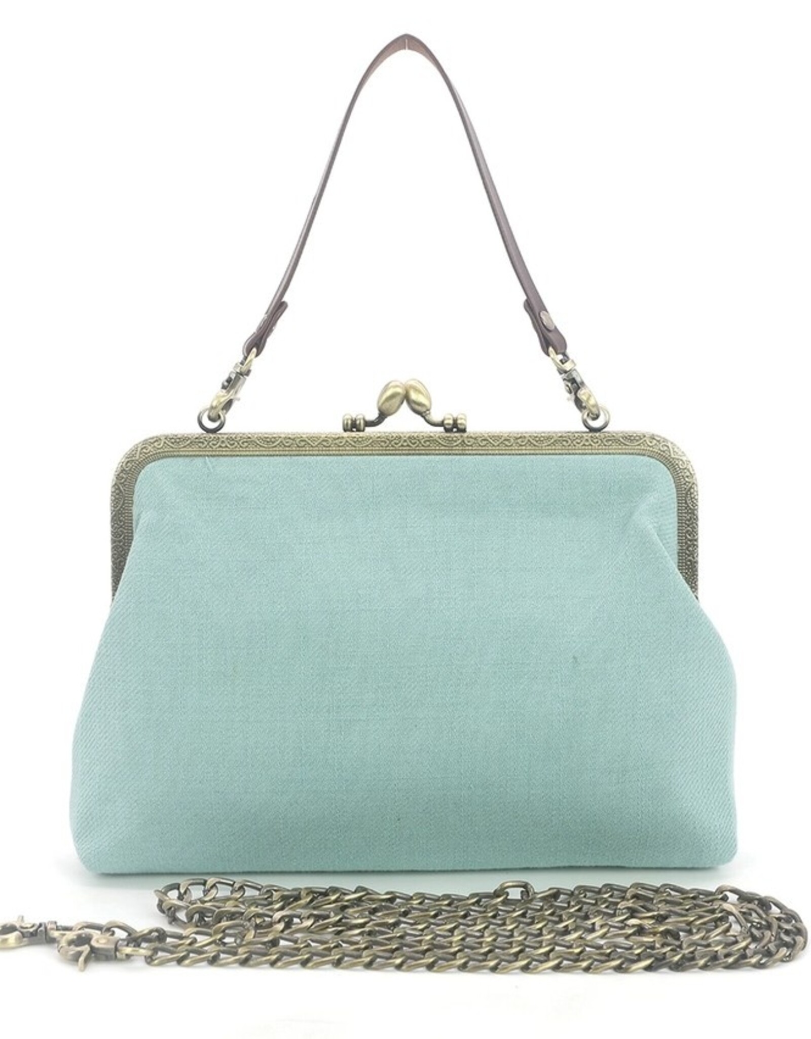 -Frog in the Lily Pond Kiss Lock Bag in Linen Cotton Blend