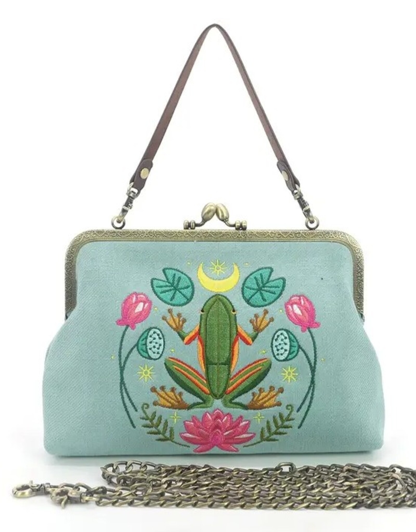 Frog in the Lily Pond Kiss Lock Bag in Linen Cotton Blend
