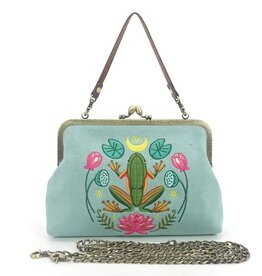 -Frog in the Lily Pond Kiss Lock Bag in Linen Cotton Blend