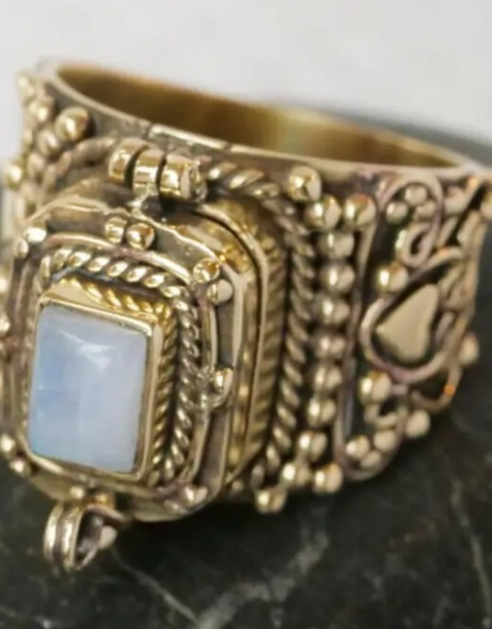 Brass Decorated Poison Ring with Moonstone |