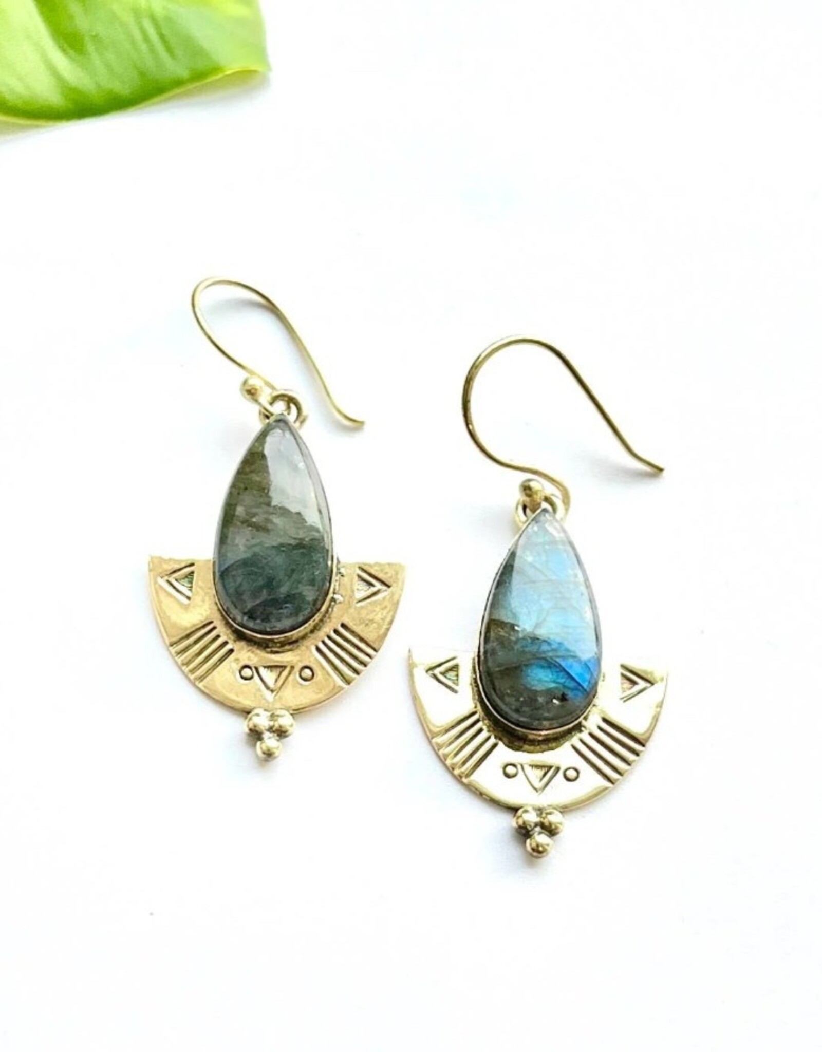 Brass Etched Labradorite Shield Earring