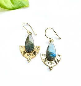 Brass Etched Labradorite Shield Earring