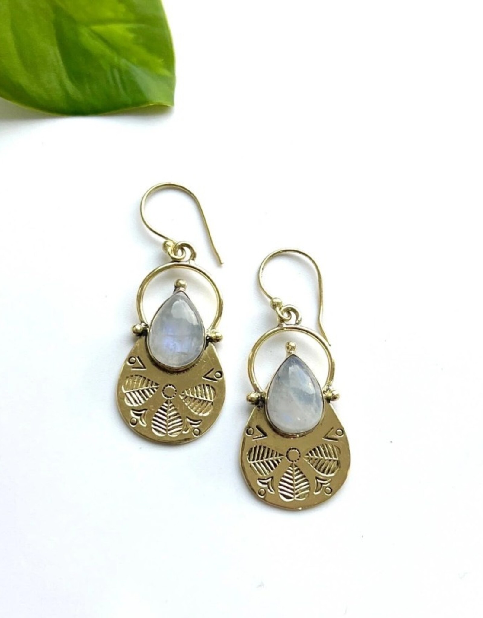 Brass Etched Moonstone Petal Earring