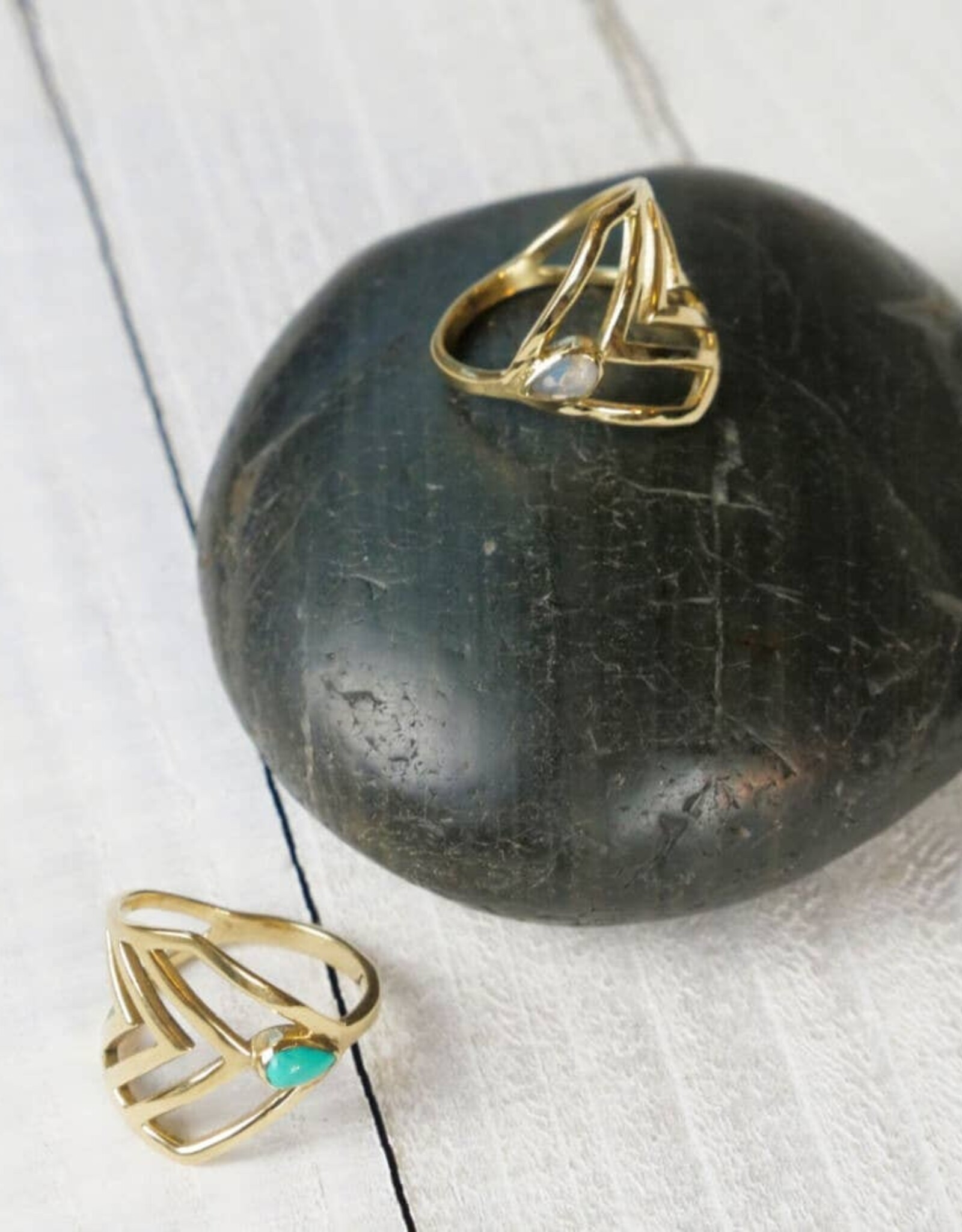 Brass Three V Ring with Moonstone |