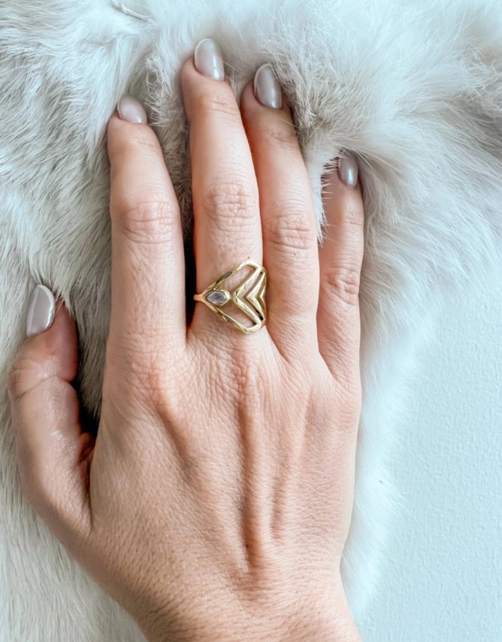Brass Three V Ring with Moonstone |
