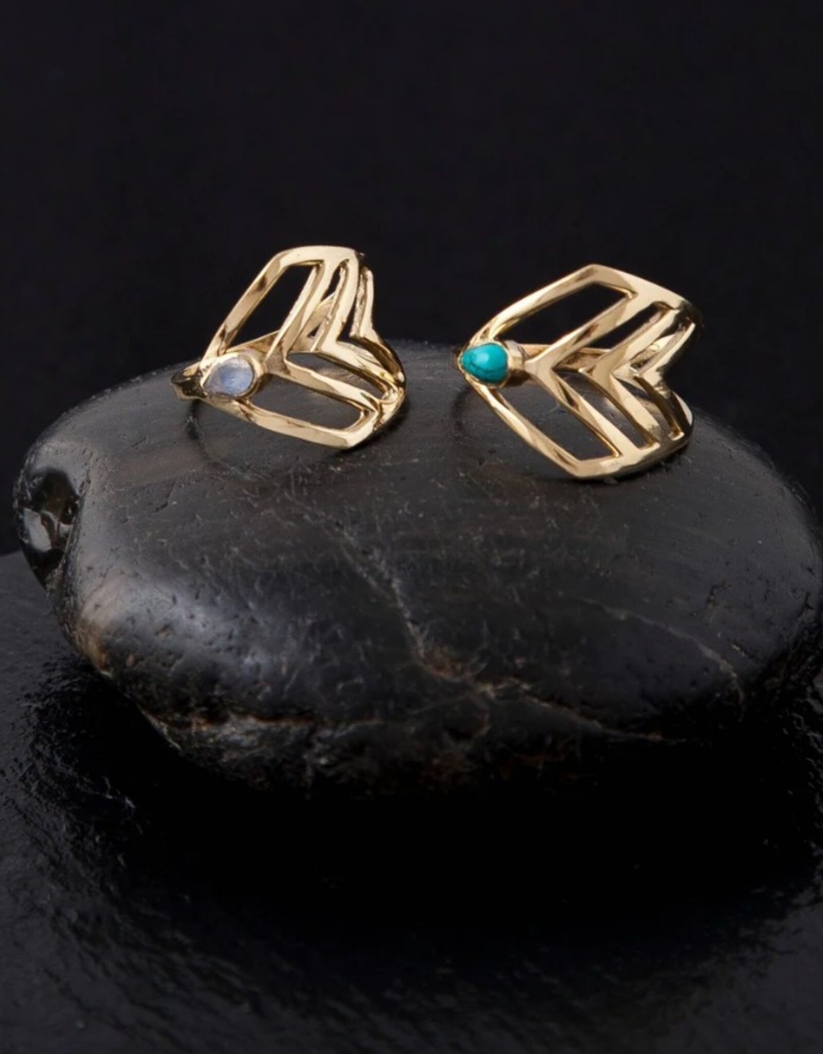 Brass Three V Ring with Moonstone |