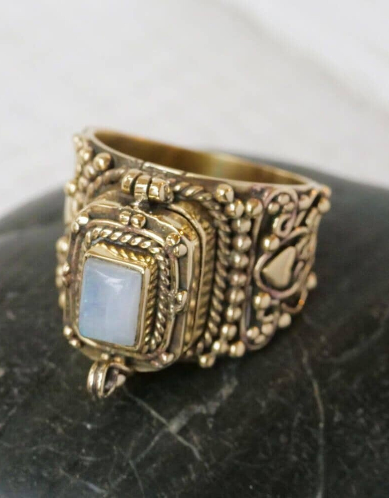 Brass Decorated Poison Ring with Moonstone |