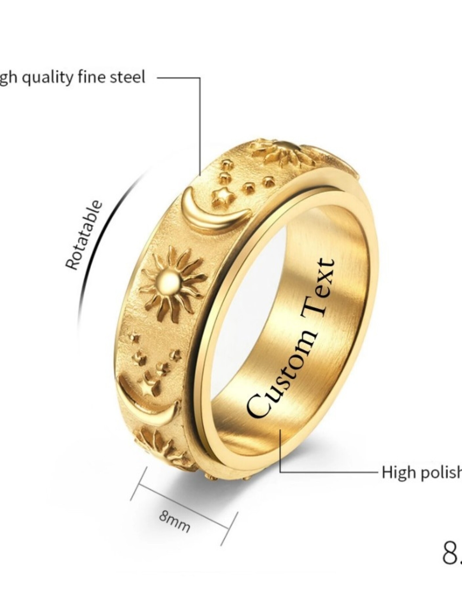 Sun Moon Star Fidget Spinner Band Ring in Stainless Steel Gold/No Engrave