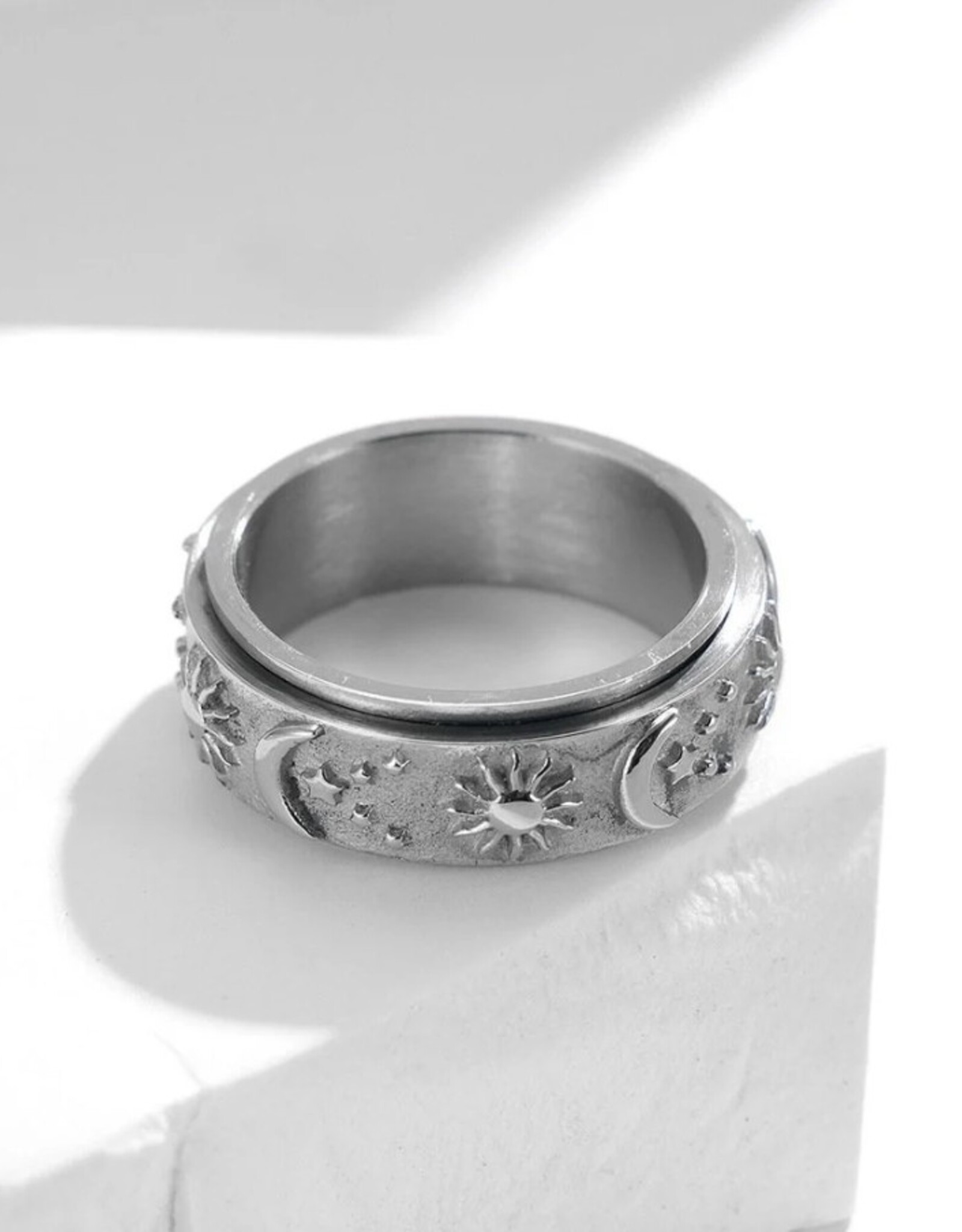 Sun Moon Star Fidget Spinner Band Ring in Stainless Steel Silver/No Engrave