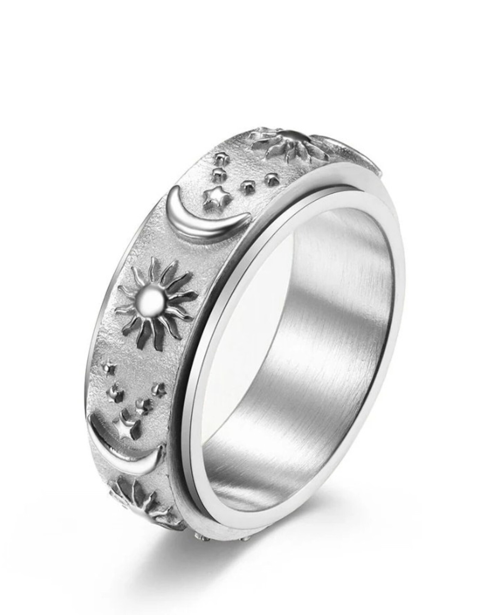 Sun Moon Star Fidget Spinner Band Ring in Stainless Steel Silver/No Engrave