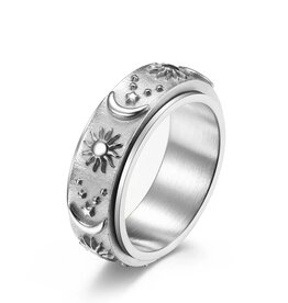 Sun Moon Star Fidget Spinner Band Ring in Stainless Steel Silver/No Engrave