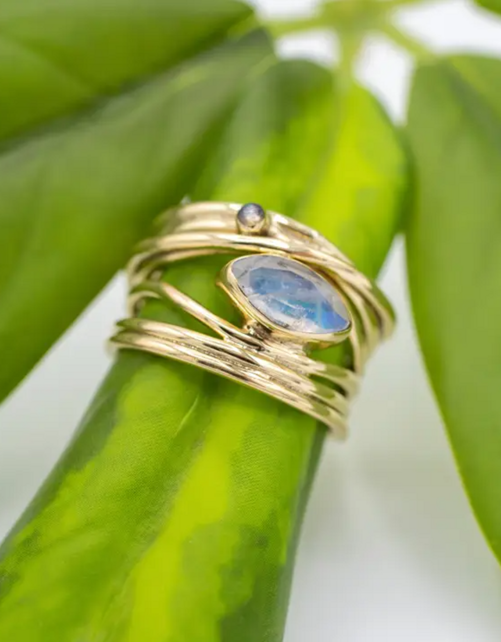 Brass Bramble Ring with Faceted Moonstone |
