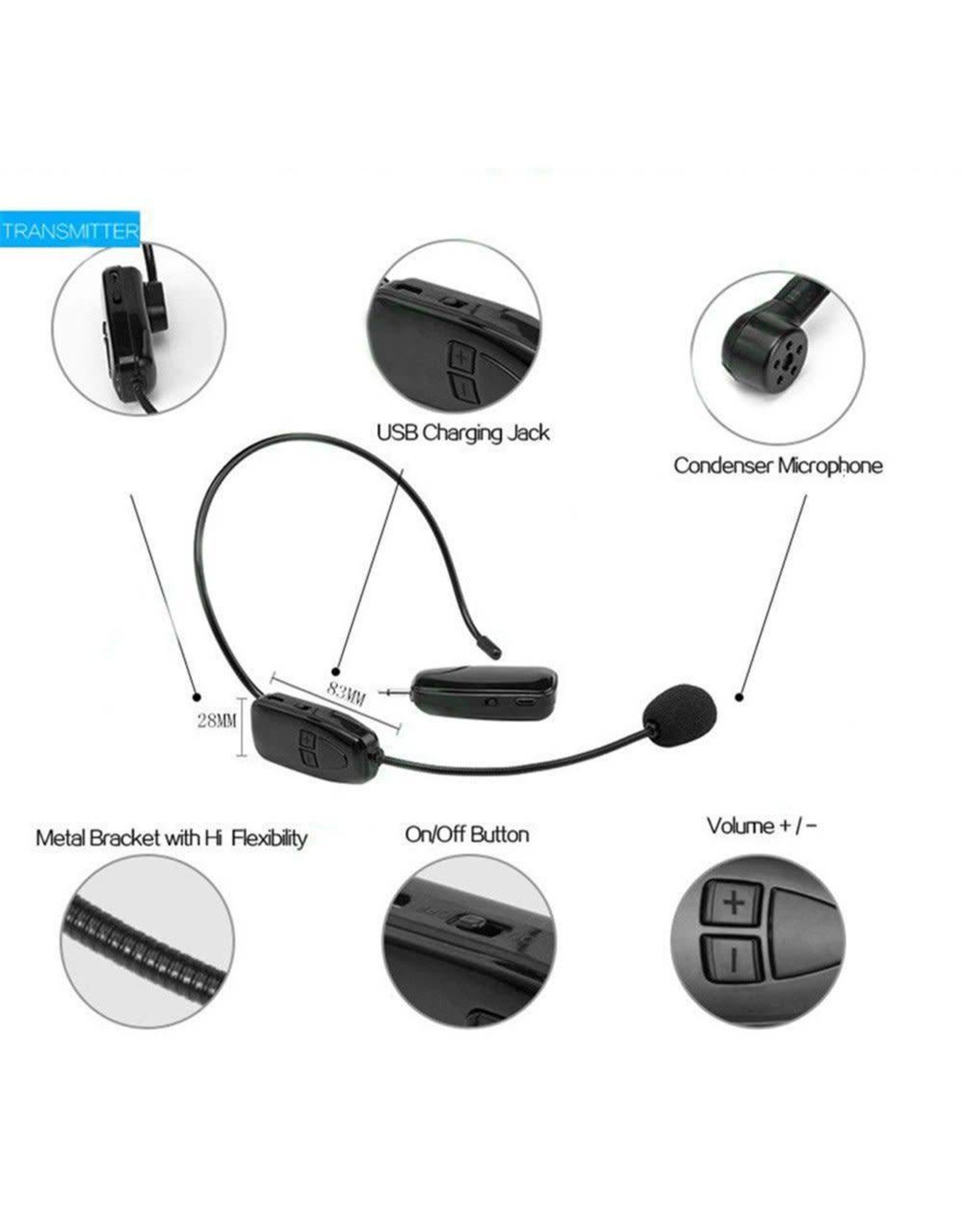 2.4G Wireless Microphone Headset Stage MIC with 3.5mm Plug Receiver Black Mini Bus PA Systems