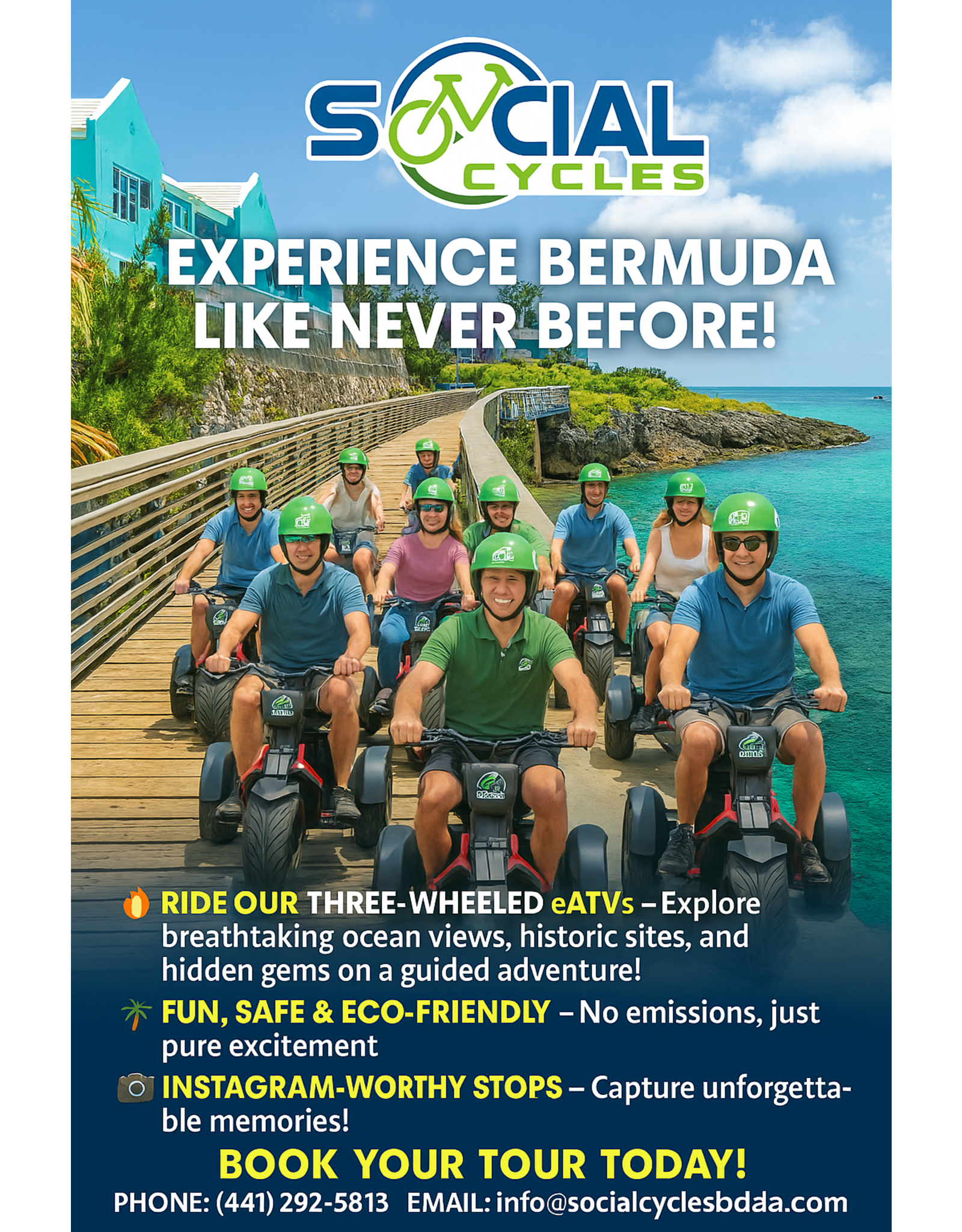 SOCIAL CYCLES Pink Beach eATV Adventure Tour  1-1/2  hour Bermuda's West Railway 3-Wheel E-Scooter  Swim