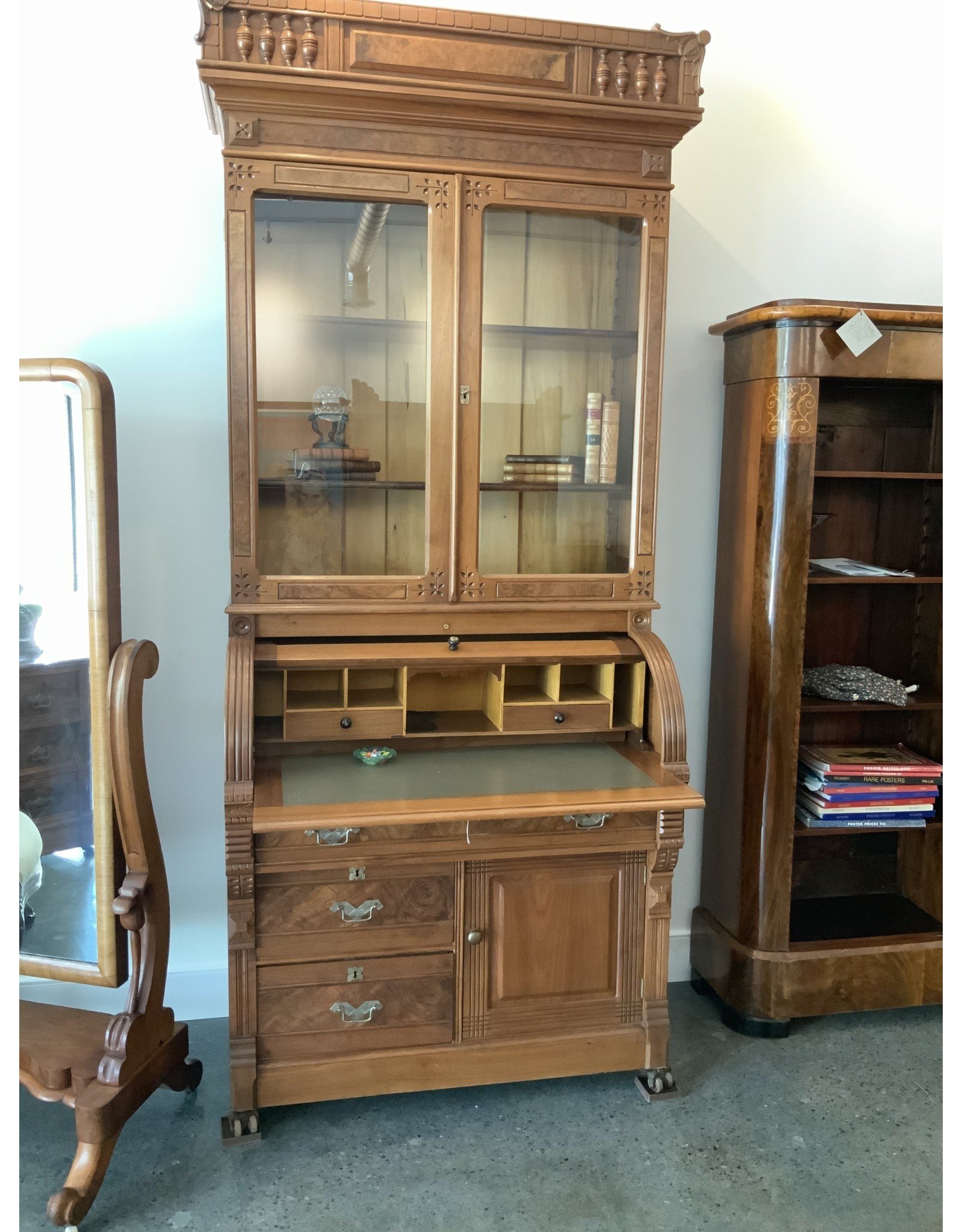 SPV Victorian Eastlake 1885 cylinder roll top secretary desk and bookcase