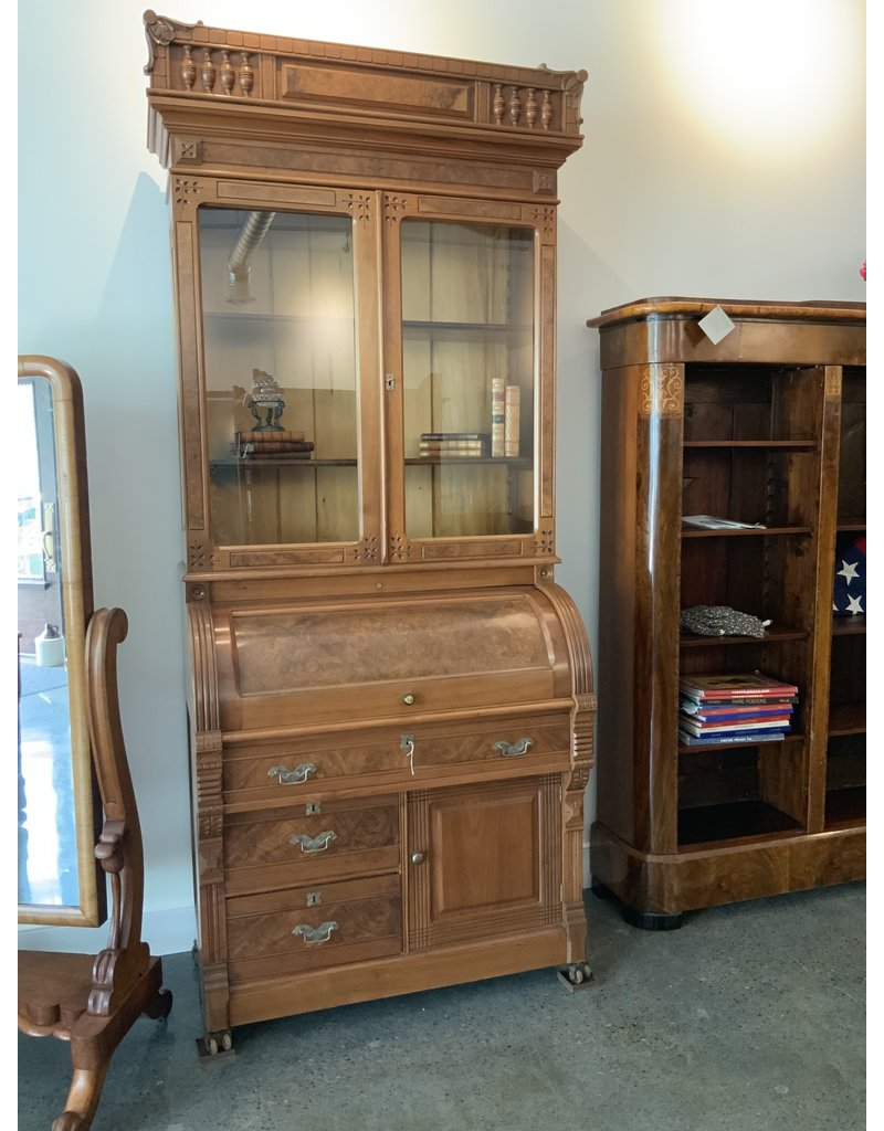 Spv Victorian Eastlake 1885 Cylinder Roll Top Secretary Desk And Bookcase