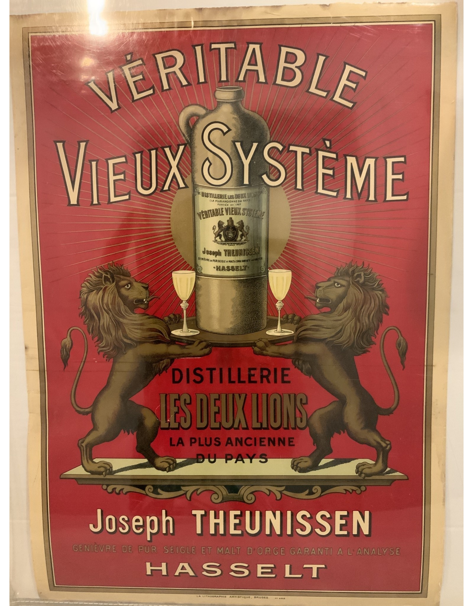 SPV Interieuraffiche 'Véritable Vieux Système, Distillerie les Deux Lions, Joseph Theunissen, Hasselt' voor stokerij Joseph Theunisssen, Hasselt, ca. 1910