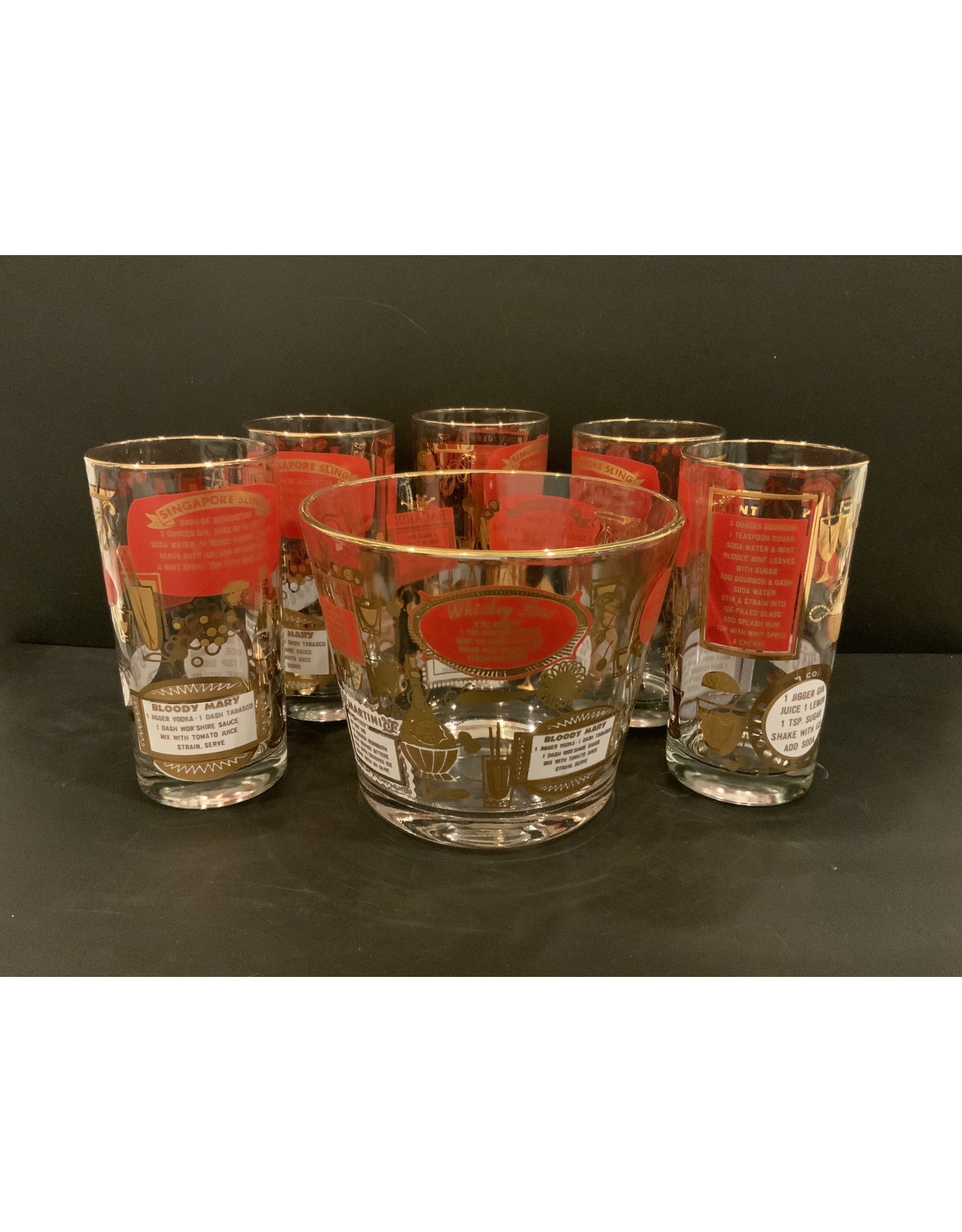 SPV Mid Century Modern Ice Bucket and set of 5 Glasses with Cocktail Recipes on them