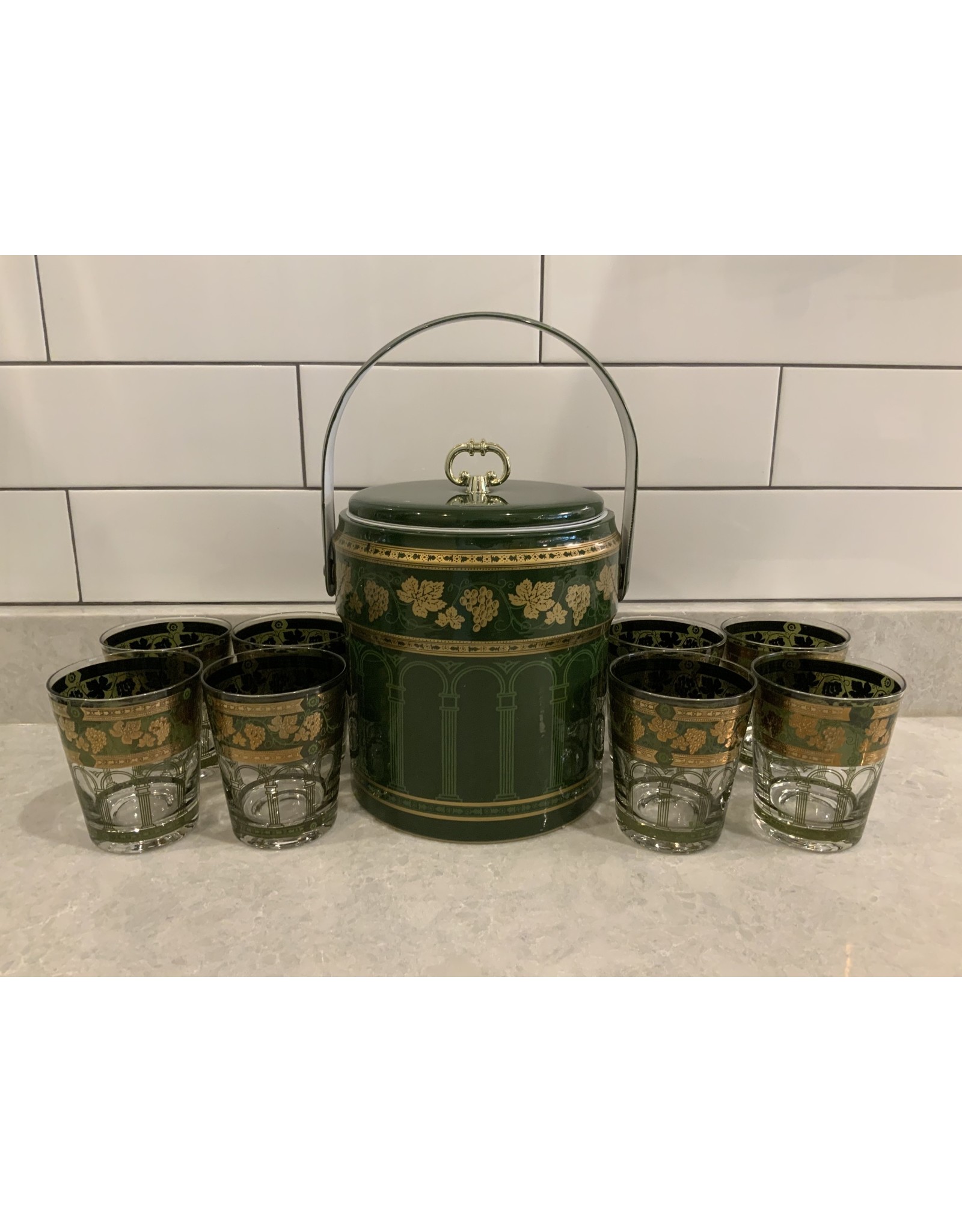 SPV Cera Gold and Green Grape Leaf Ice Bucket and  8 Glass Set