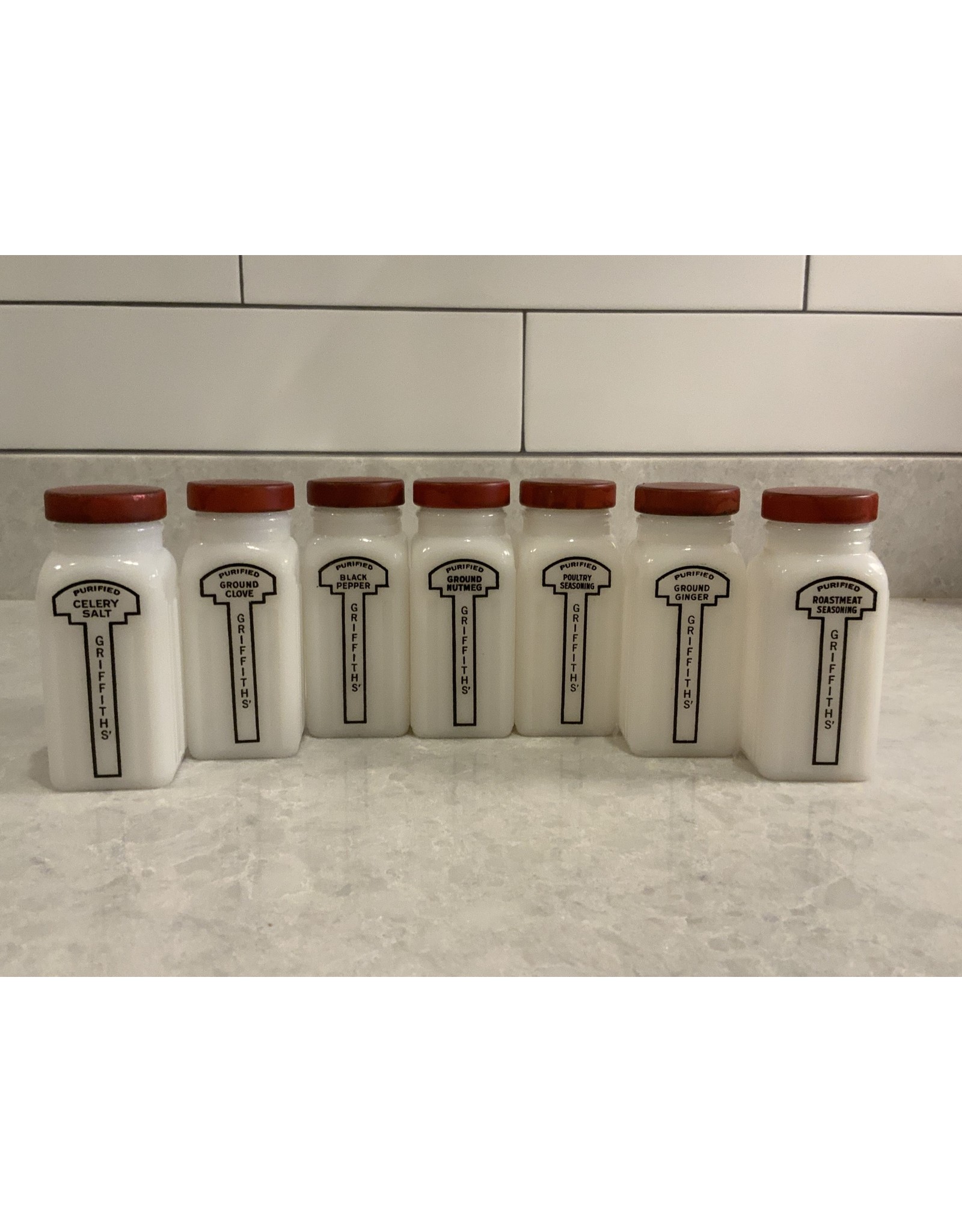 SPV Vintage Griffith Laboratories Milk Glass Spice Jars set of 7