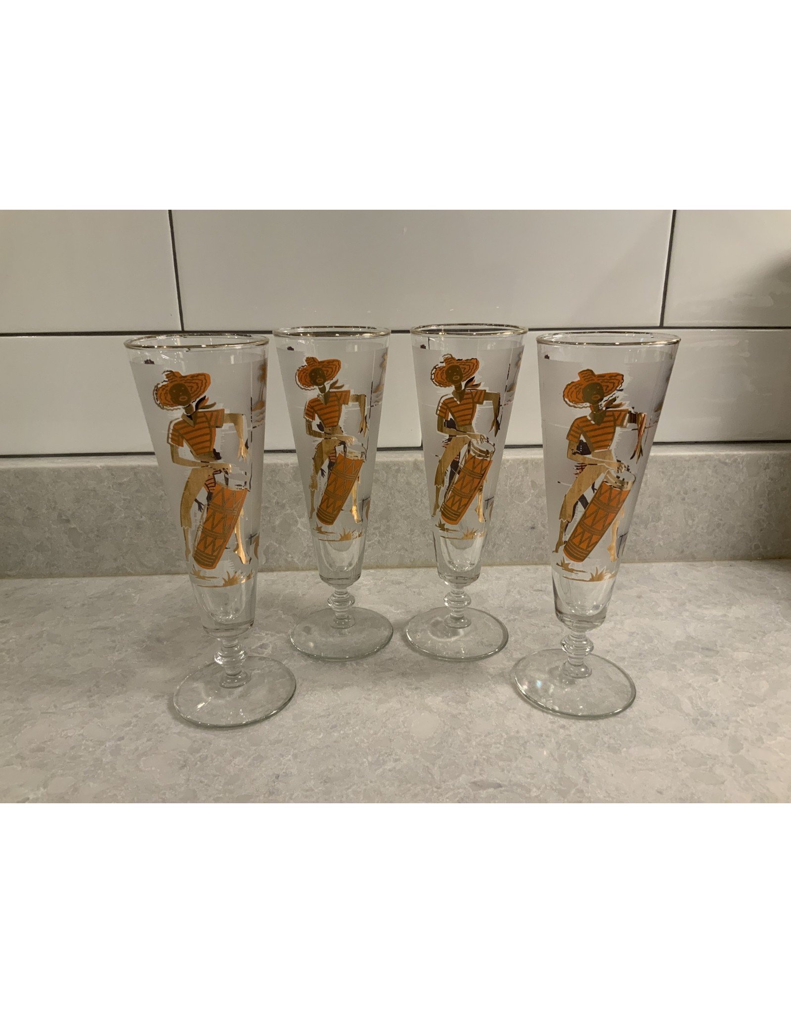 SPV Libbey MCM Caribbean Cruise Calypso Champagne Flutes Pilsner Glasses 4 Rare 1959