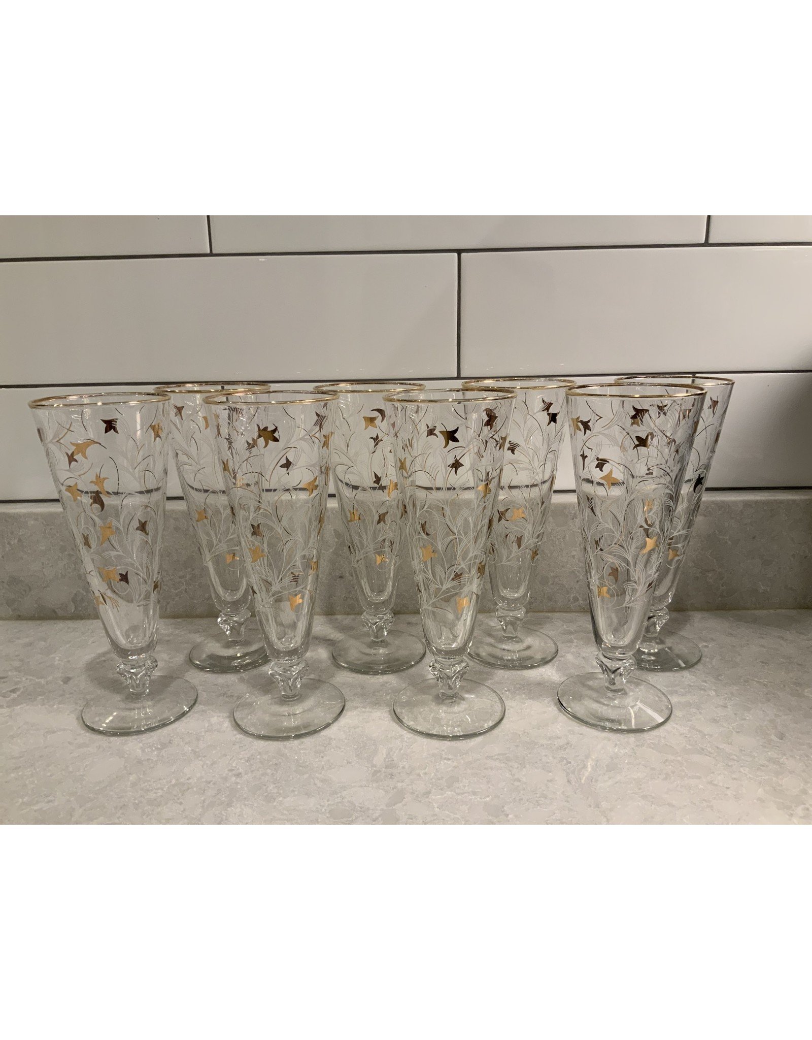 SPV Set of 8 Vintage Gold and White Royal Fern Libbey Party/Cocktail/Pilsner Glasses