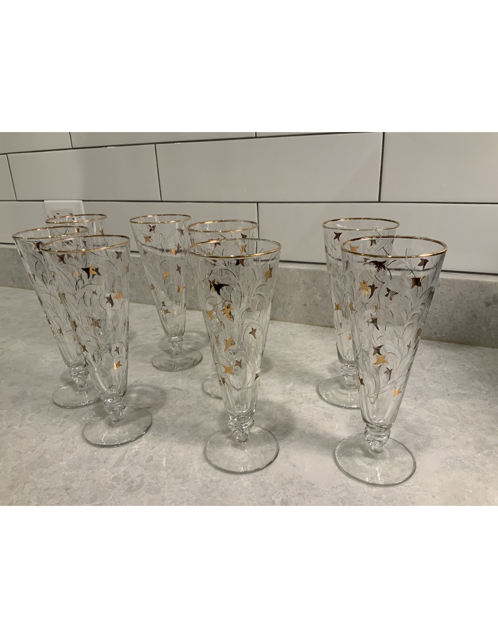 SPV Set of 8 Vintage Gold and White Royal Fern Libbey Party/Cocktail/Pilsner Glasses