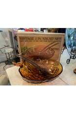 SPV Vintage Indiana Glass Co. Salad Bowl Set Gold Amber w/original box