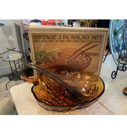 SPV Vintage Indiana Glass Co. Salad Bowl Set Gold Amber w/original box