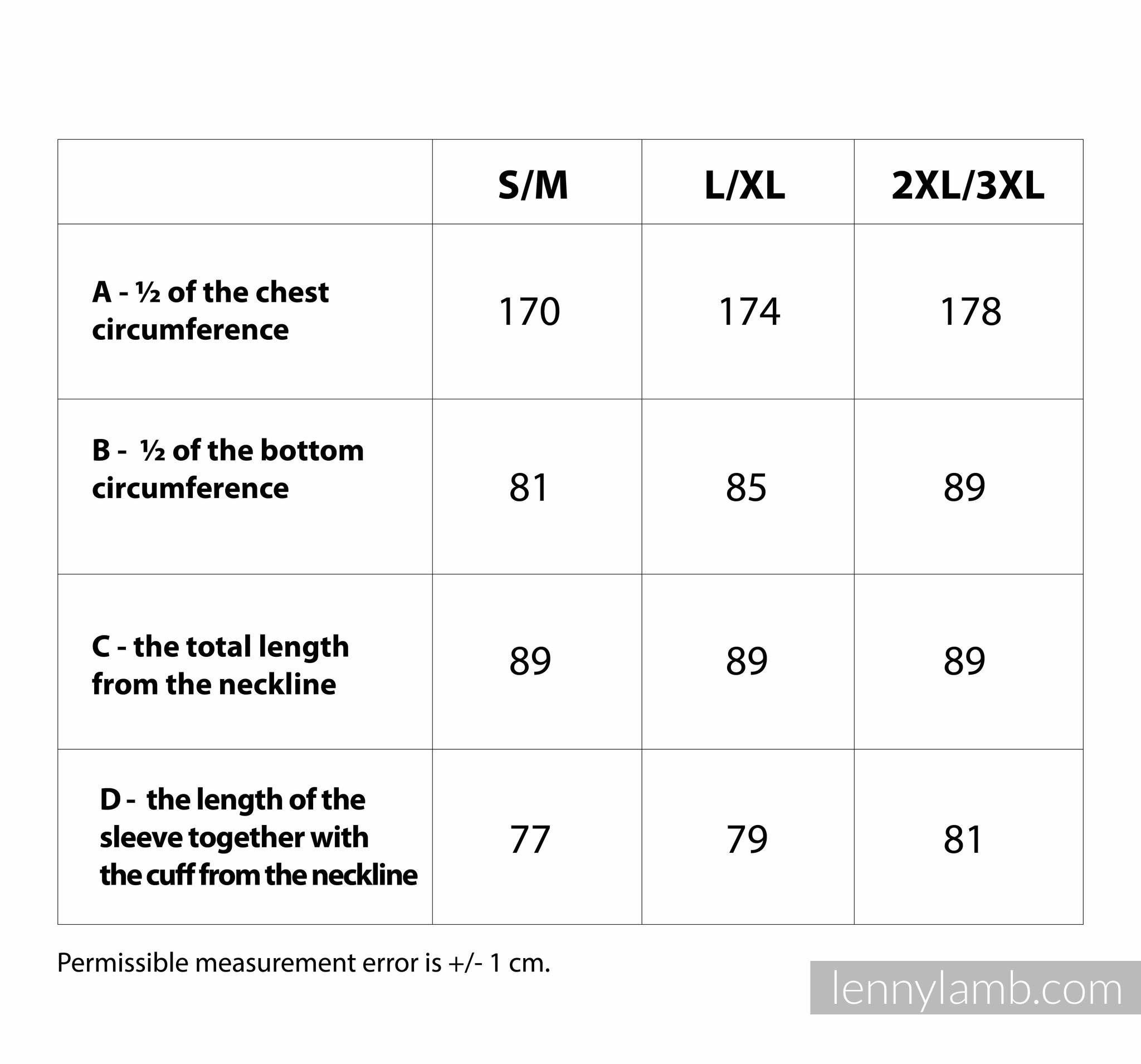 Raincoat Size Chart