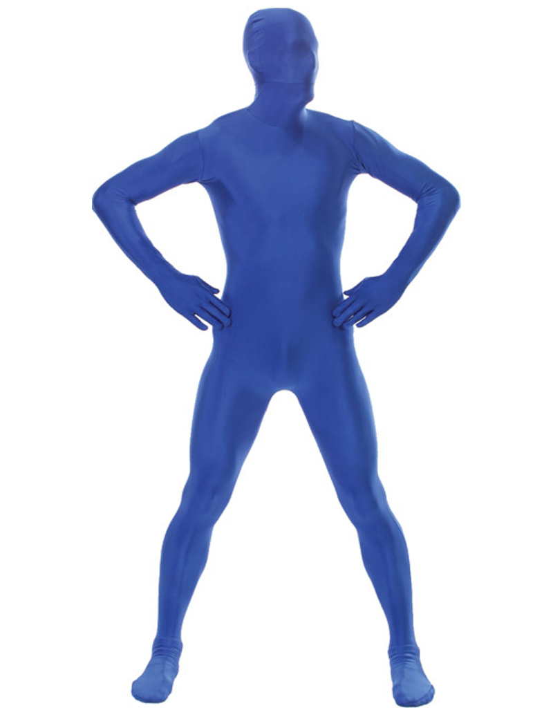 A man in a blue Morf or Morph suit. An all over piece of clothing. Morphsuit.  Stock Photo