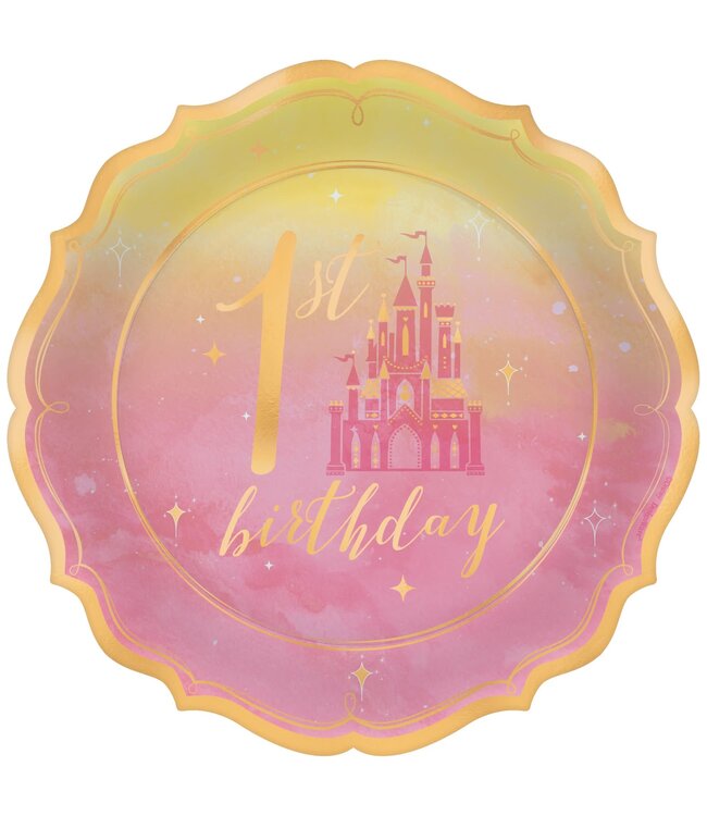 Disney Princess 1st Birthday Metallic Dessert Paper Plates, 7", 8 Count