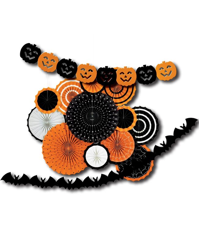 Classic Orange & Black Halloween Paper Fan Decorating Kit